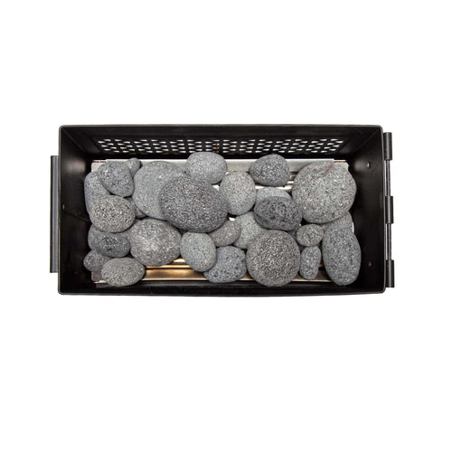 Ignik Outdoors FireCan Rocks: large, grey, textured stones in a black metal fire pit basket