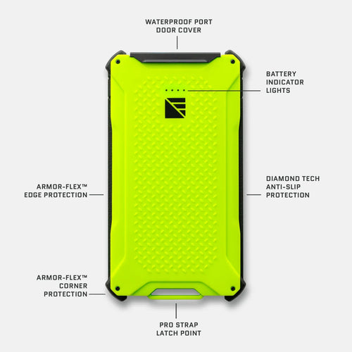 Dark Energy Poseidon Pro waterproof portable charger, lime green with anti-slip texture, reinforced corners