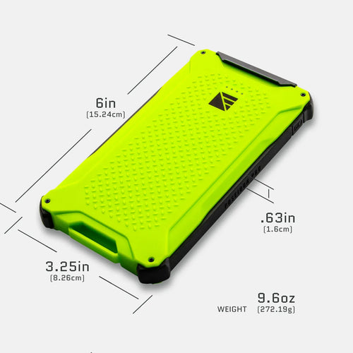 Dark Energy Poseidon Pro rugged power bank, neon green and black, displaying its size and weight
