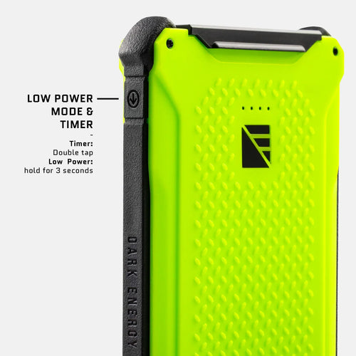 Dark Energy Poseidon Pro rugged power bank, neon green, with low power mode and timer button instructions visible
