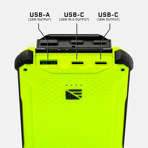 Poseidon Pro by Dark Energy, a bright green portable power bank showing 18W USB-A and dual USB-C ports, one for input/output