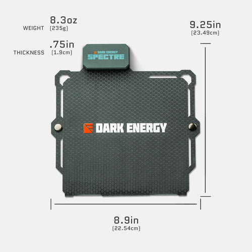 Dark Energy Spectre 8W rugged portable power bank with dimensions and weight listed