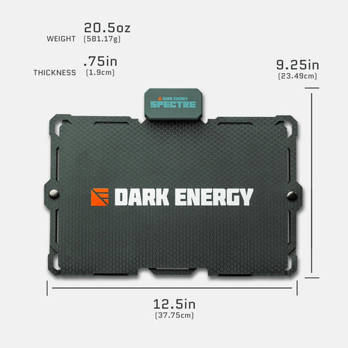 Spectre 18W Dark Energy rugged power bank, dark grey hexagonal pattern. 12.5x9.25x0.75in, 20.5oz