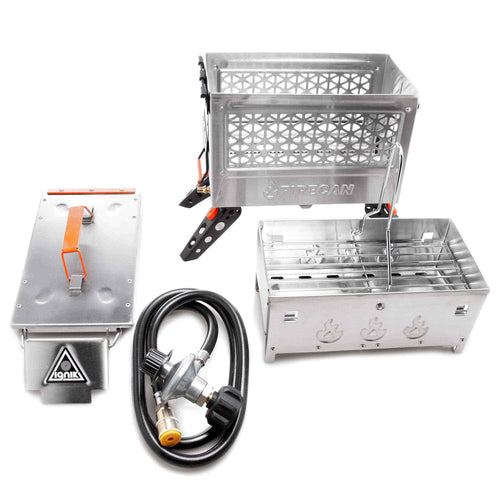 FireCan Deluxe Fire Pit by Ignik, a portable propane fire pit kit with grill, griddle, and gas hose
