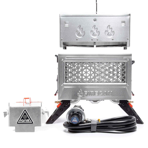 FireCan Deluxe Fire Pit shown disassembled, a portable gas fire pit by Ignik with a propane hose and regulator