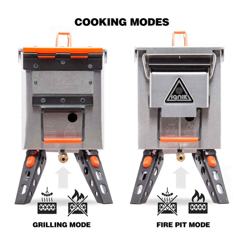 FireCan Deluxe Fire Pit by Ignik showing grilling mode and fire pit mode with propane connection