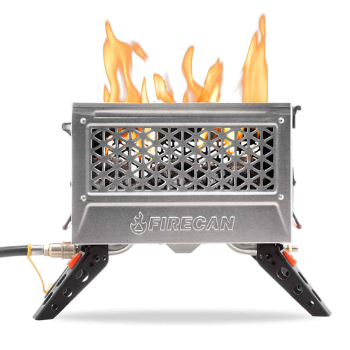 Ignik Outdoors FireCan Deluxe Fire Pit, a brushed metal portable propane fire pit with visible flames and folding legs