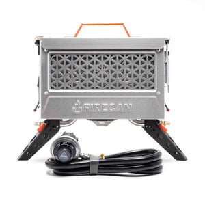 Ignik FireCan Deluxe portable propane fire pit, silver metal unit with orange handles & gas regulator hose
