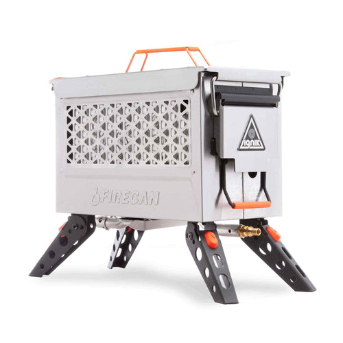 FireCan Deluxe Fire Pit, silver Ignik portable camping gas fire pit with orange handle, foldable black legs
