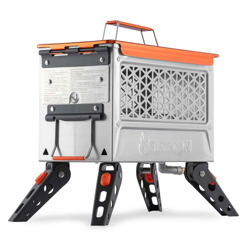 FireCan Elite Fire Pit by Ignik Outdoors, silver portable propane fire pit with orange accents and folding legs