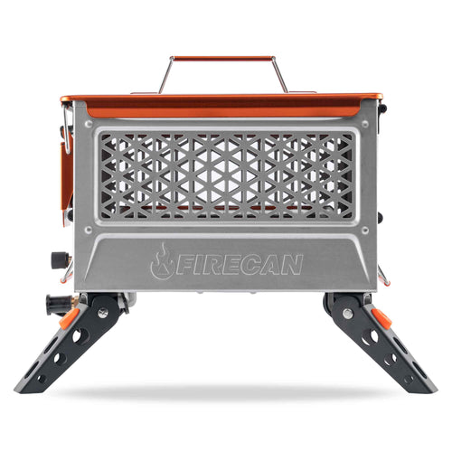 Ignik Outdoors FireCan Elite Fire Pit, compact portable propane fire pit with orange top and folding legs