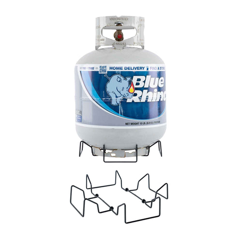 FireCan Elite Fire Pit, a compact metal frame, shown with a Blue Rhino propane tank and its stand