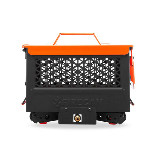 Ignik Outdoors FireCan Fire Pit, a portable propane fire pit with orange lid, black perforated body, gas connection