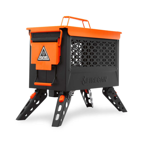 Ignik FireCan Fire Pit, a black and orange portable camping fire pit with geometric grate and folding legs