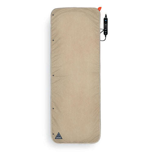Ignik Flipside Heated Bed Cover, a rectangular beige electric sleeping pad warmer with a digital temperature controller