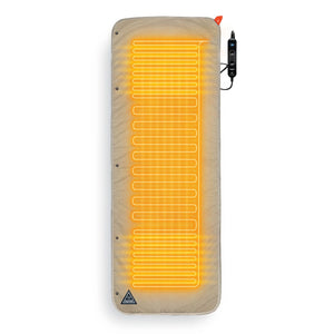 Ignik Outdoors Flipside Heated Bed Cover, beige mat with glowing coils & digital controller showing 90