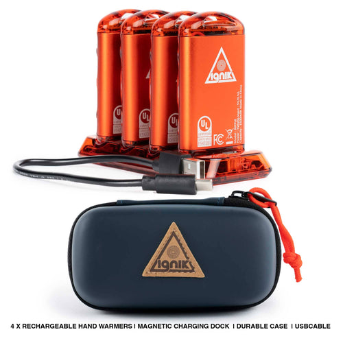 Ignik Ripple rechargeable hand warmers with magnetic charging dock, USB cable, and durable case
