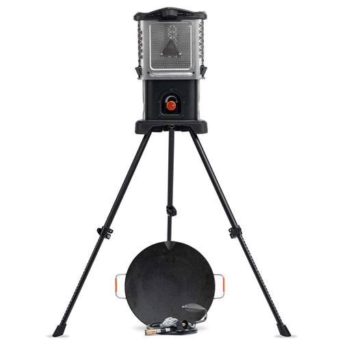 Ignik Outdoors Skullet Deluxe Heater Stove Cook Set on tripod with griddle and gas hose