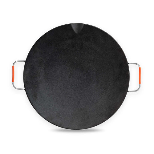 Skullet Deluxe Heater Stove Cook Set: Ignik Outdoors round black cast iron griddle with orange-grip metal handles