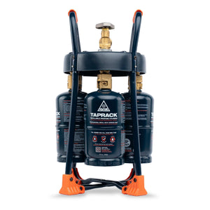 Ignik TapRack Refillable Propane System with four dark blue cylinders, brass valve, and orange frame accents