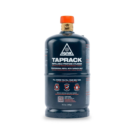 Ignik TapRack Refillable Propane System, a dark blue 15.5 oz propane tank with orange cap for camping