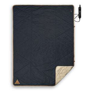 Ignik Outdoors Topside Heated Blanket, dark blue reversible with beige underside and attached temperature controller