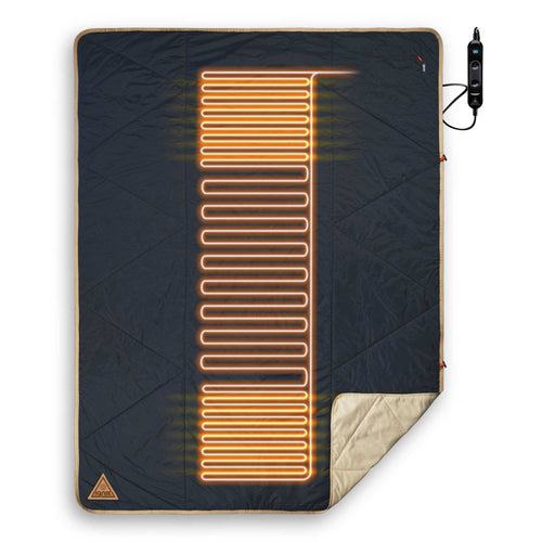 Topside Heated Blanket by Ignik Outdoors, dark grey camping blanket with glowing heating elements and controller