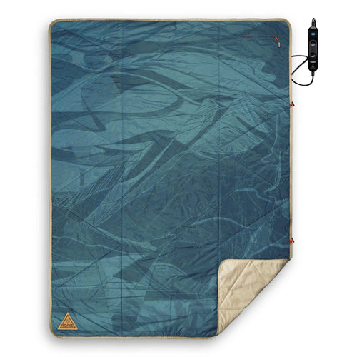 Ignik Topside portable heated blanket, blue-green with wave pattern, tan underside, connected controller