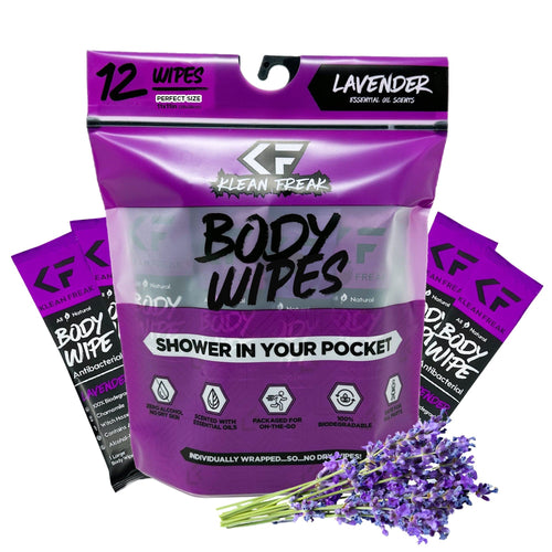 Klean Freak Body Wipes 12 pack, lavender scent, antibacterial, individually wrapped, biodegradable for on-the-go