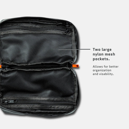Dark Energy MOLLE Pouch open, revealing two large zippered mesh pockets for gear organization and visibility