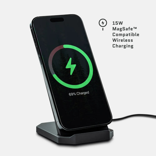 Dark Energy Mavrik Stand holding iPhone charging wirelessly, 15W MagSafe compatible wireless charging dock