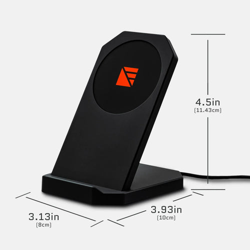 Mavrik Stand by Dark Energy, black wireless charging stand with orange logo and dimensions