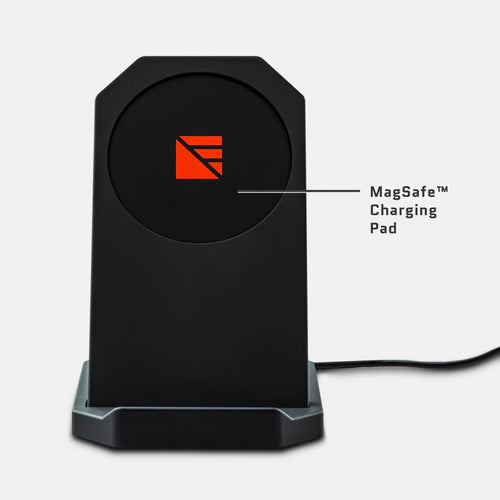 Dark Energy Mavrik Stand, a black MagSafe wireless charging stand with an orange logo