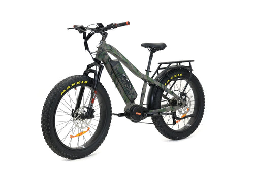 Bakcou Mule fat tire electric bike, camo frame, orange grips, rear rack