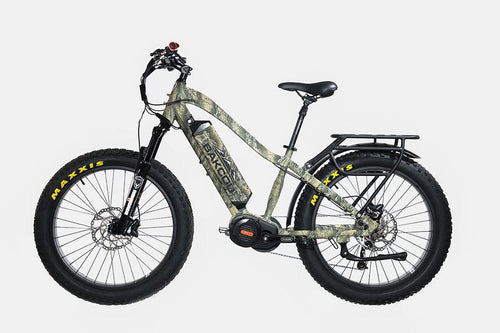 Bakcou Mule electric fat tire bike with camo frame, rear rack, and Maxxis tires