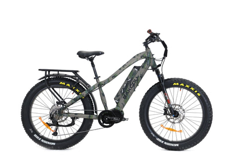Bakcou Mule camouflage fat tire ebike with a rear rack, suspension fork, and large knobby tires