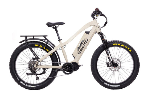 Bakcou Mule electric fat tire bike, cream, rear rack, fenders, off-road capable