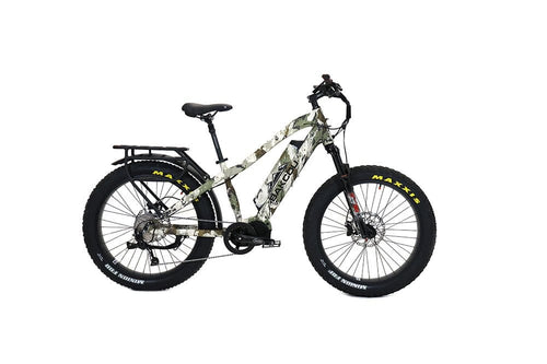 Bakcou Mule electric fat tire bike in camouflage with Maxxis tires and rear rack