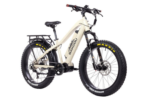Mule electric fat bike by Bakcou, cream off-road eBike with large tires and rear rack