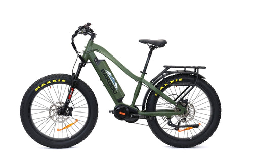 Bakcou Mule hunting e-bike with fat tires, front suspension, and rear rack
