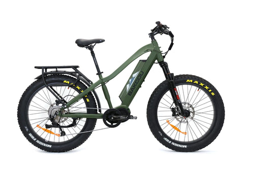 Bakcou Mule fat-tire electric bike, dark green rugged all-terrain e-bike with rear cargo rack