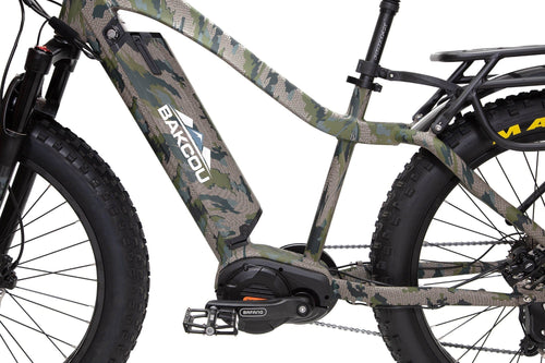 Bakcou Mule fat tire electric bike, green camo pattern, Bafang motor, rear rack