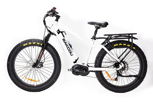 Bakcou Mule white fat tire electric bike with rear rack and Bafang mid-drive motor