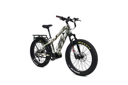 Bakcou Mule fat tire electric bike in multi-terrain camo with rear rack