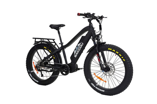 Bakcou Mule black fat tire electric bike with a rear rack