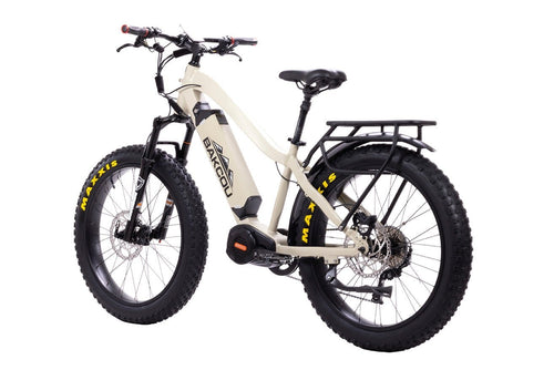 Mule Bakcou cream electric fat tire hunting bike with heavy-duty suspension and rear cargo rack