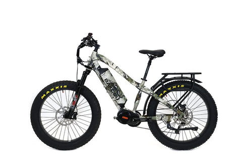 Bakcou Mule electric fat tire hunting bike, white camouflage, suspension, rear rack, Maxxis tires