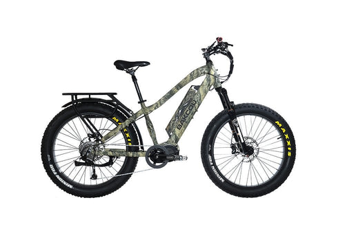 Mule fat tire electric hunting bike by Bakcou, camouflage frame, rear cargo rack