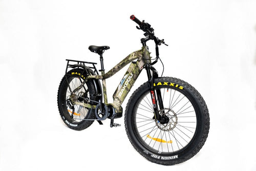 Bakcou Mule electric fat bike with camo frame, fat tires, and rear rack