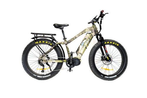 Bakcou Mule electric hunting bike with camouflage frame, fat tires, and rear rack